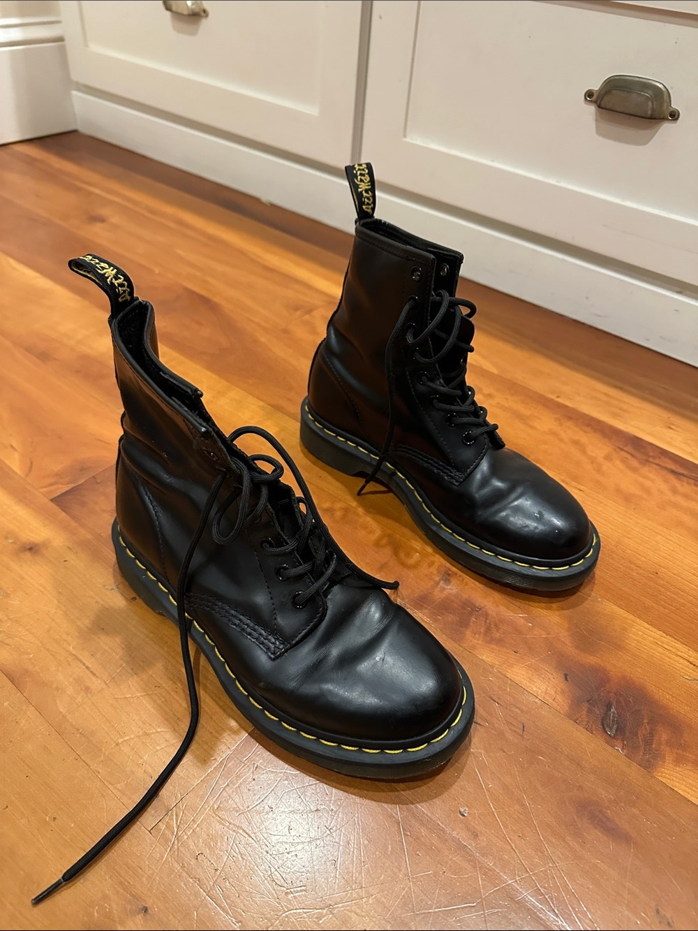 Dr. Martens Black Lace-Up Boots with Yellow Stitching
